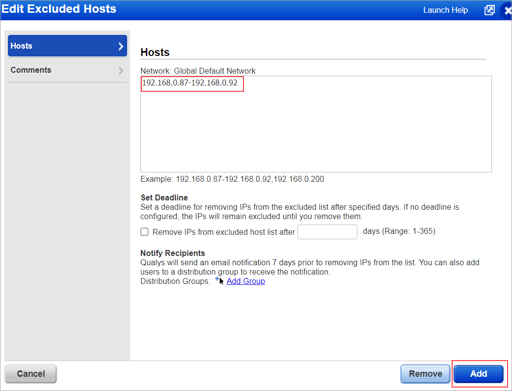 Entering the IPs/IP ranges to the network.