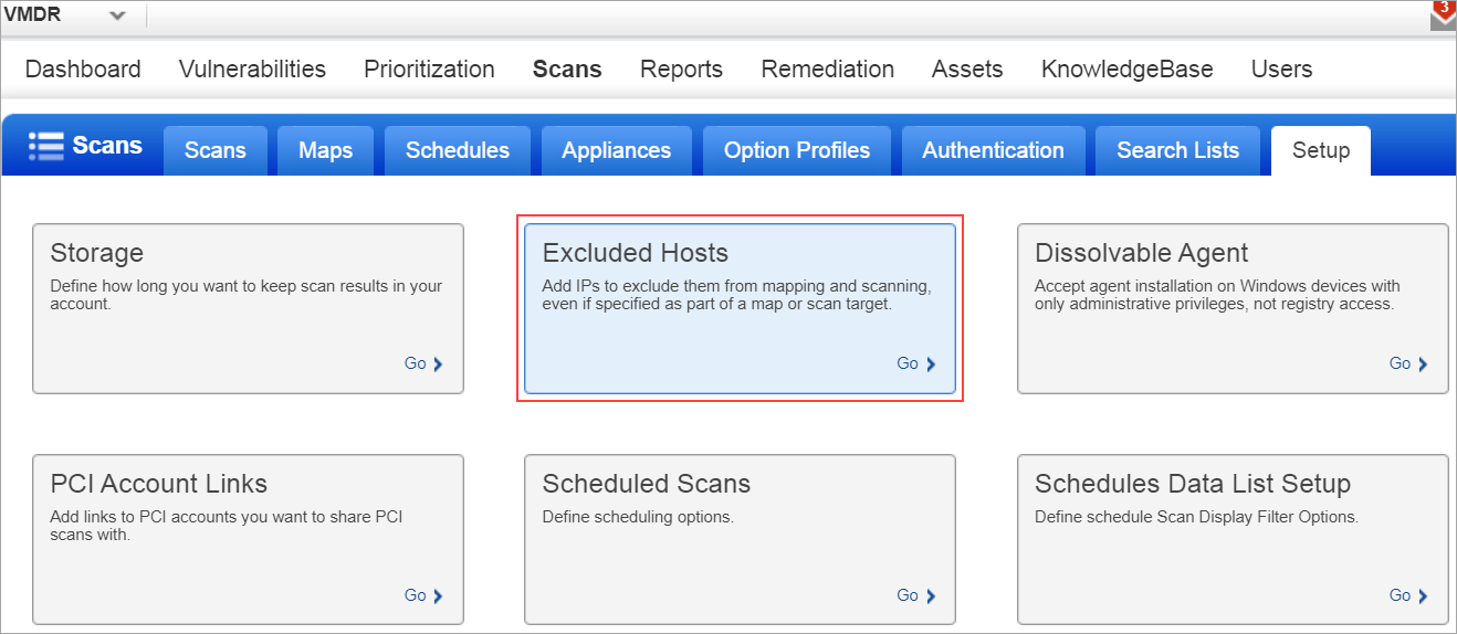 VMDR dashboard showing Excluded Hosts and its new text.