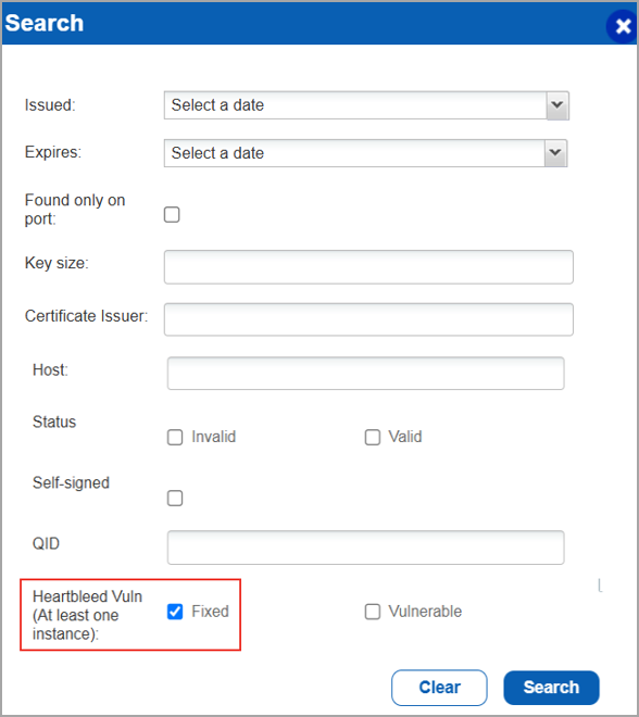 Search pane with Fixed checkbox to find remediated hosts