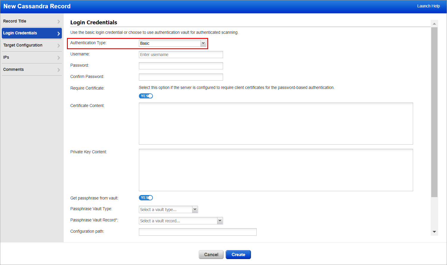 Login credentials tab with the Authentication Types selected as Basic