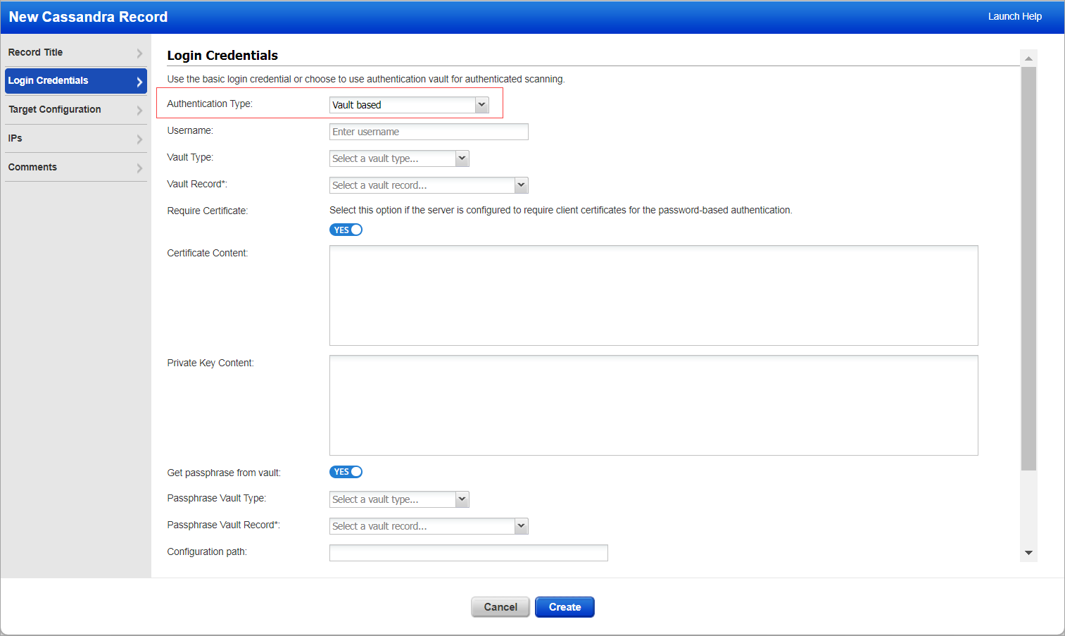 Login credentials tab with the Authentication Type selected as Vault Based
