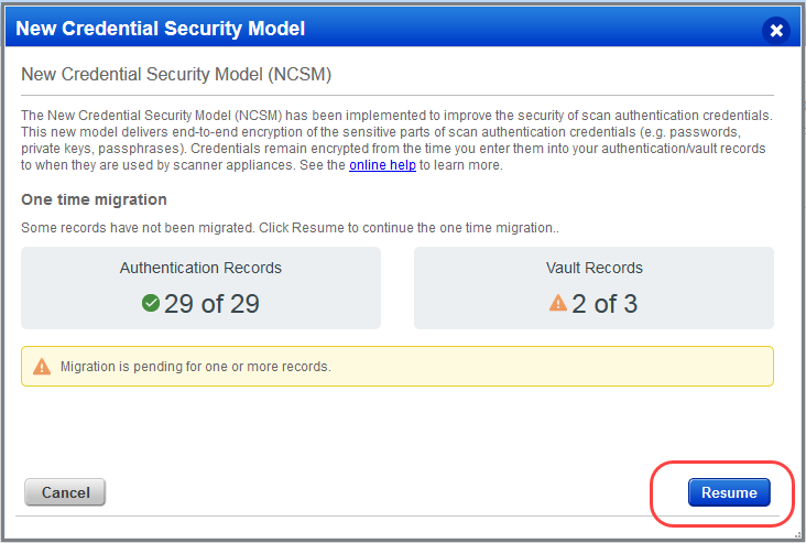 New Credential Security Model setup page - Resume button
