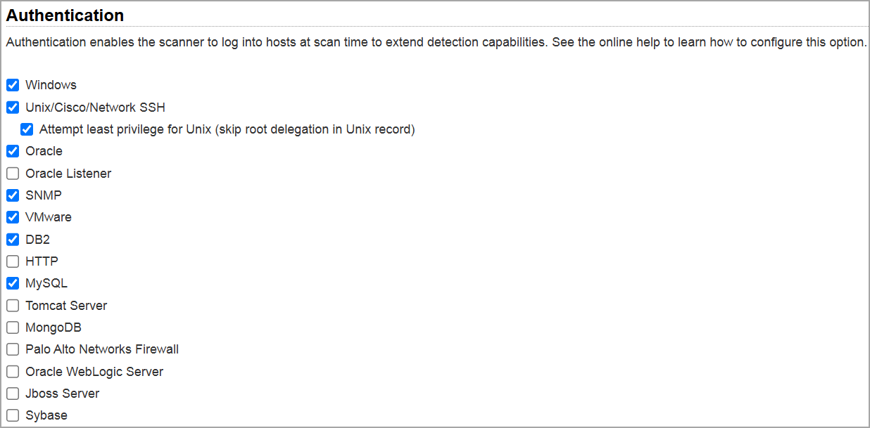 Authentication options in VM Option Profile