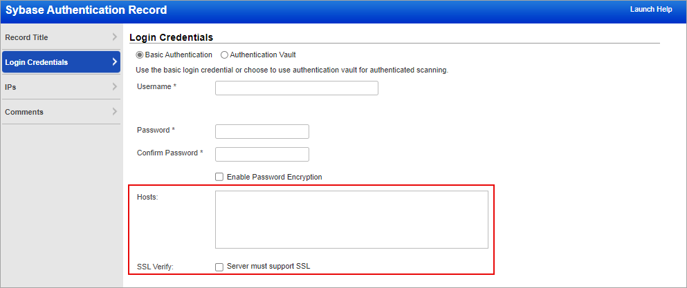 Sybase Authentication Record window with the field Hosts and SSL Verify