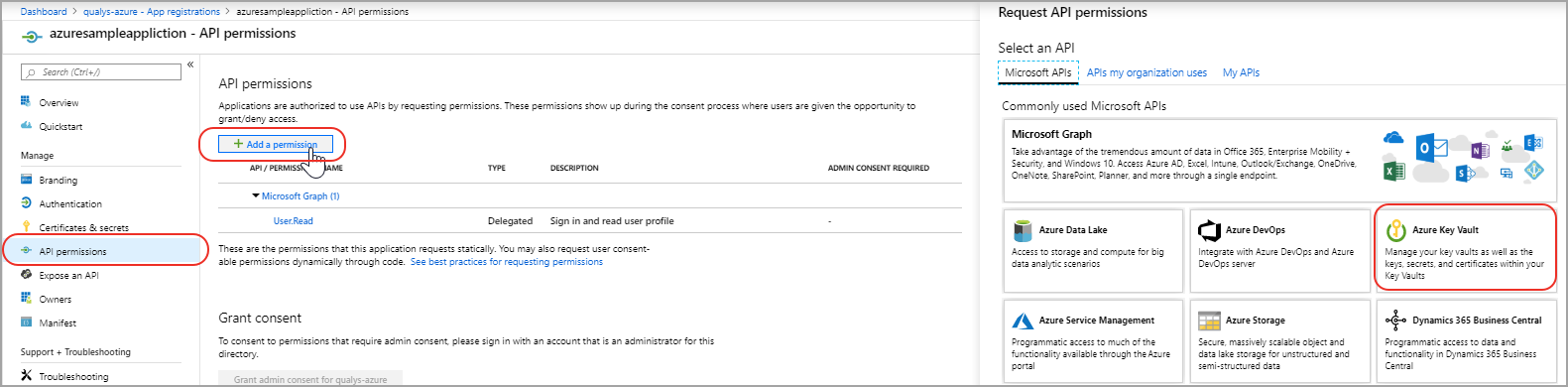 Azure Key Vault option in API permissions.
