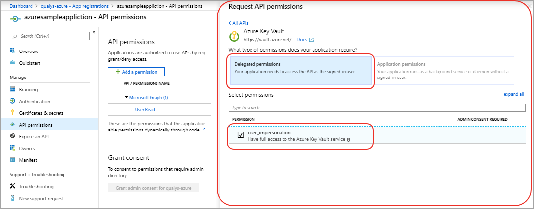 Delegated Permissions option in Request API Permission.