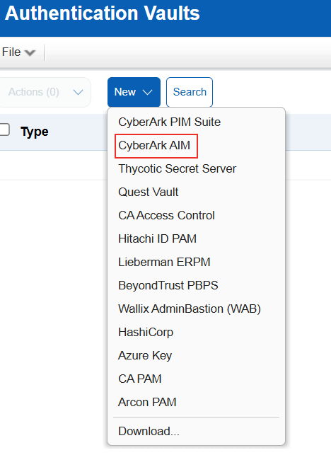 CyberArk AIM option on New menu under Authentication Vaults