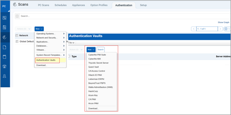 Authentication Vaults Menu Under Scans Authentication