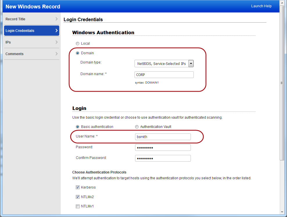 Sample Windows Authentication Record with Domain type NetBIOS, Service Selected IPs and Domain Name CORP and User Name bsmith