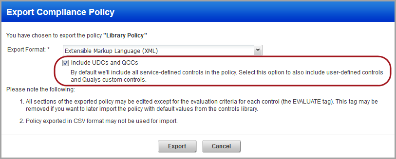 Export Policy with Include UDCs and QCCs checkbox selected