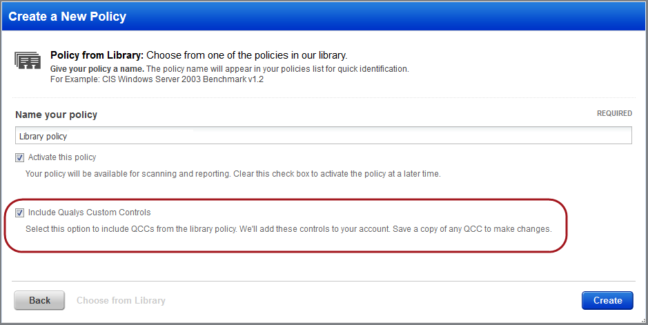 Import Policy with Include Qualys Custom Controls checkbox selected