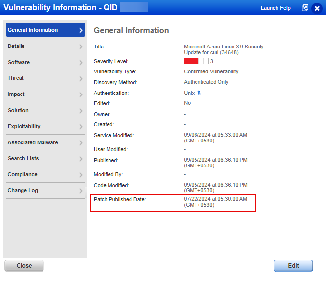 Vulnerability Information QID window with patch published date field