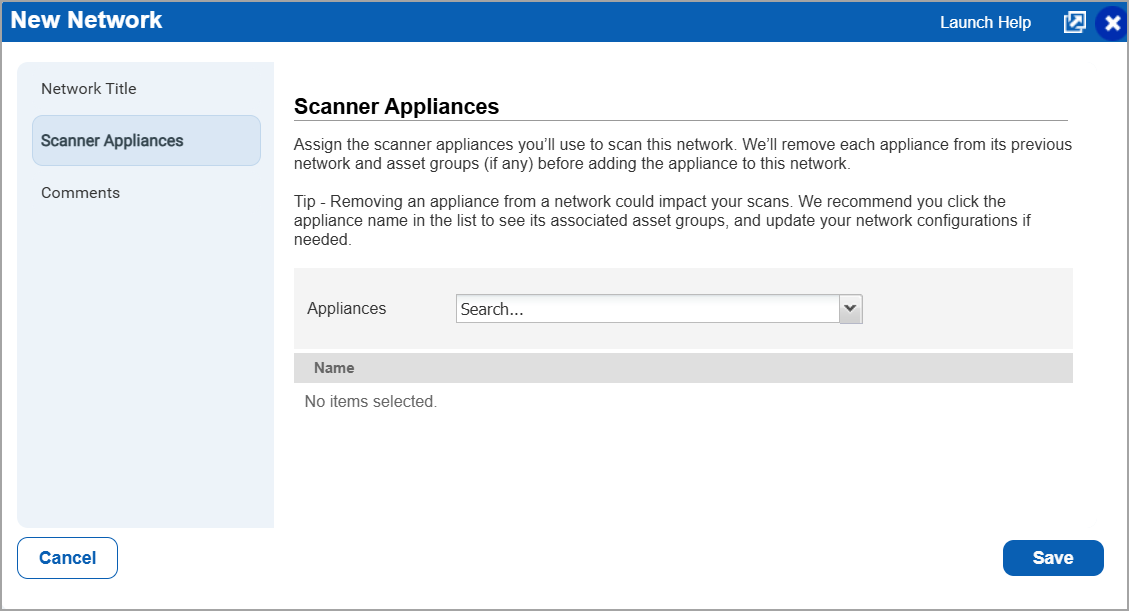New network window with the scanner appliance tab displayed.
