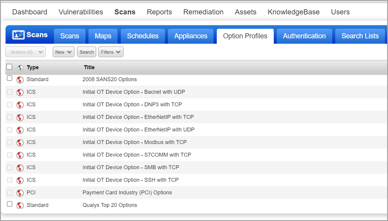 Viewing Option Profiles for ICS OT Device Scan