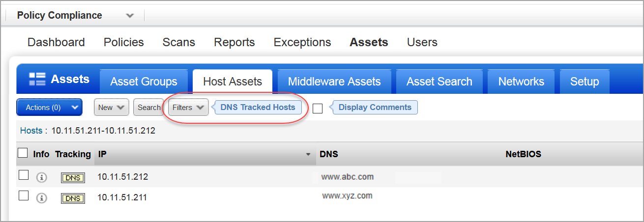 Host Assets list with DNS filter used
