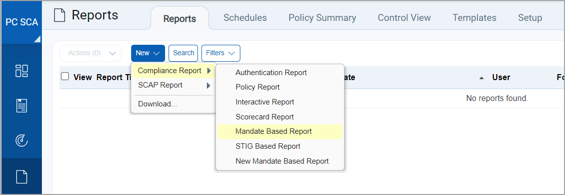 New Mandate Based Report menu option under Reports