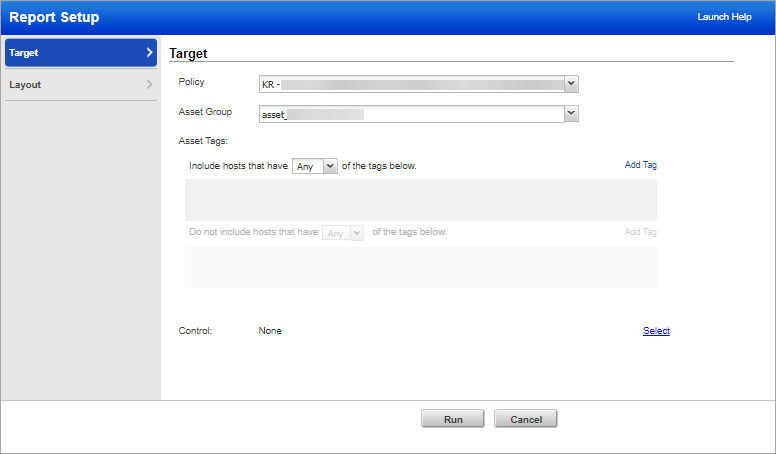 Report setup window with policy and asset group selected