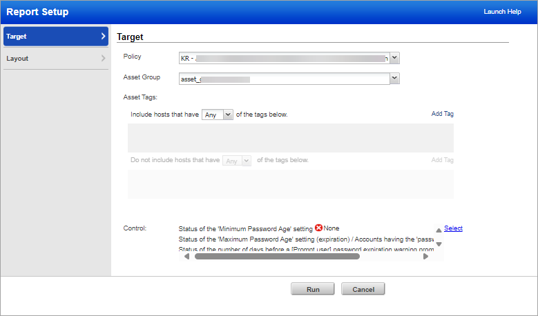 Report setup window with policy, asset group, and controls added. 