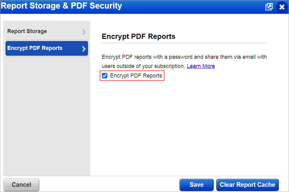 Selecting Encrypt PDF Reports in Report storage setup.
