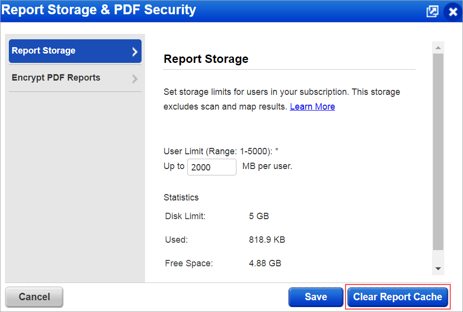 Clearing the Report cache from Report storage setup.