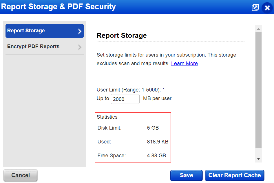 Report storage setup displaying the statistics of storage information.