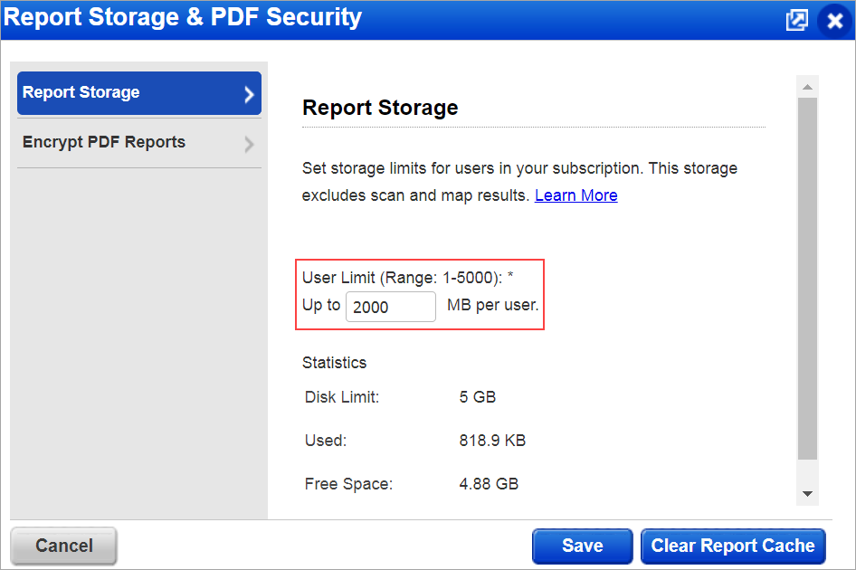 Setting the storage limits in the subscription.