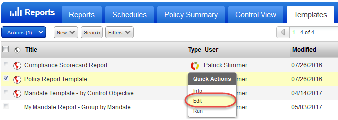 Edit template option on Quick Actions menu