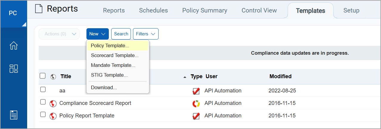 New Policy Template menu option