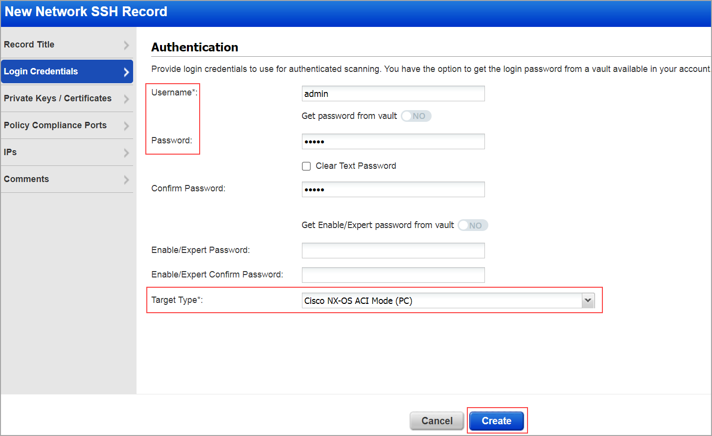 Selecting the target type as CiscoNX-OS.