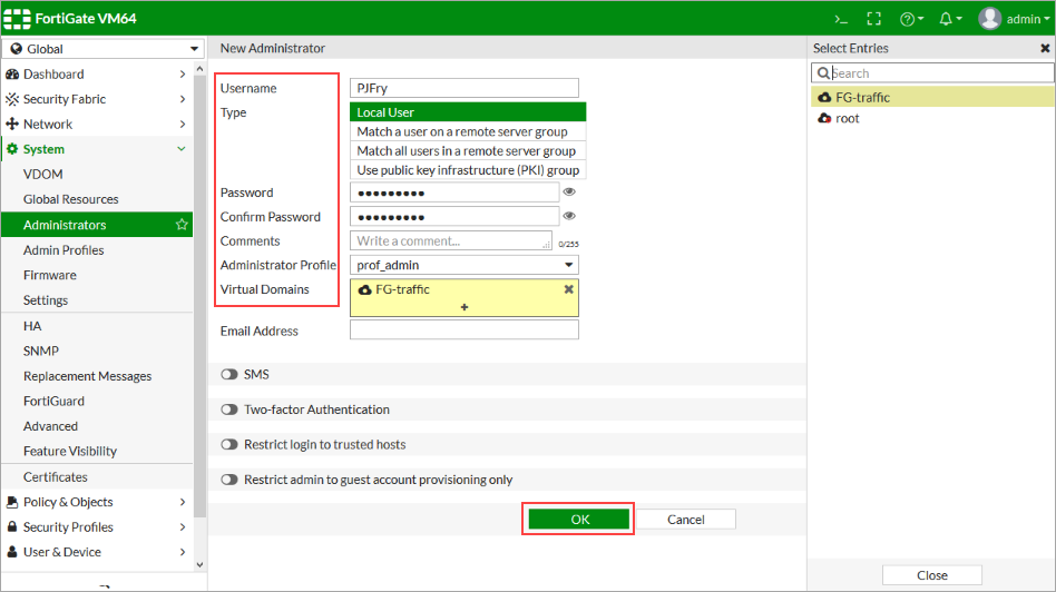 Setting all the information in Fortigate UI.