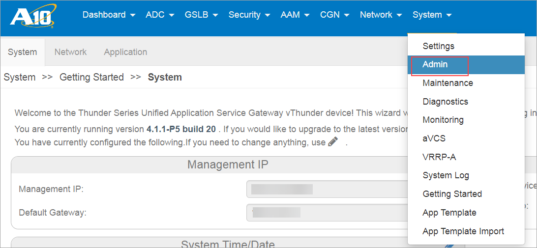 Selecting admin from a10 dashboard.