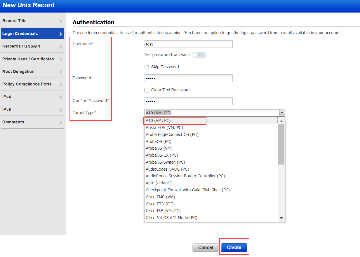 Selecting the target type as A10 under New Unix record.