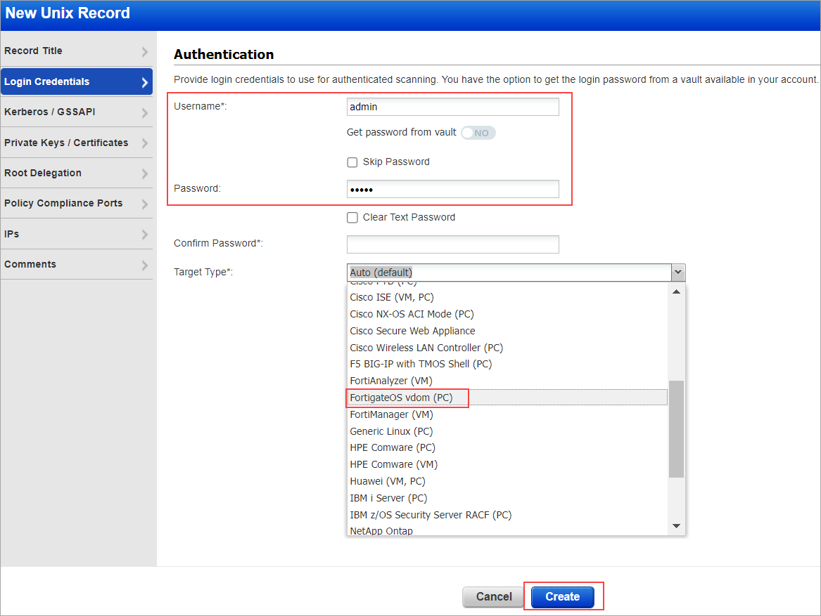 Selecting the Fortigate vdom target type for creating the auth record.