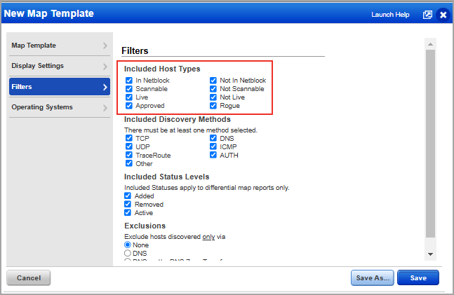 Select the options to filter the included host types.