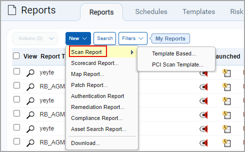 New Scan Report Template Based menu option under Reports