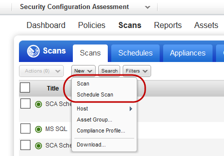 New Scan option under Scans in SCA