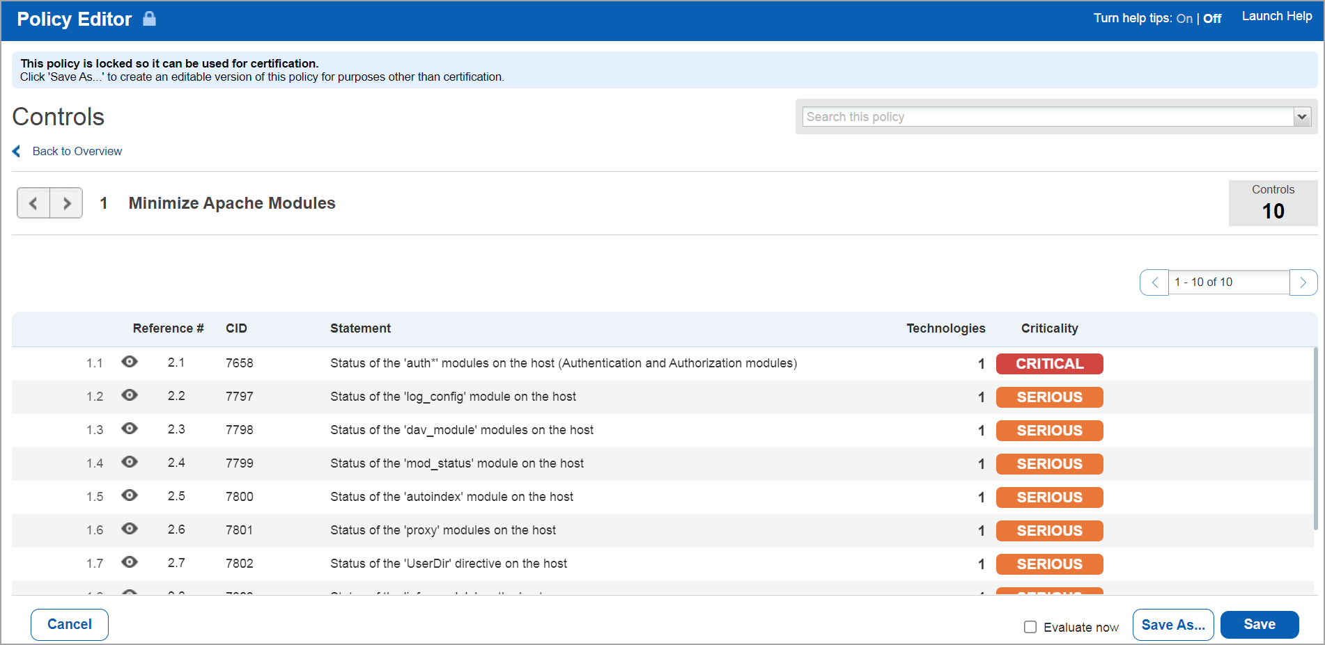 View controls in CIS policy and take actions like Edit and Inactivate