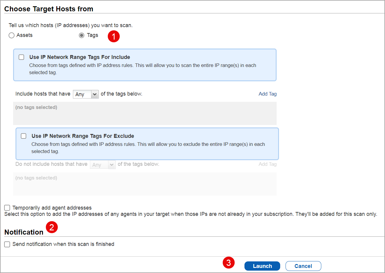 SCA scan settings - Target Hosts, Notification and click Launch