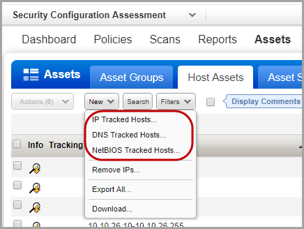 New IP, DNS or NetBIOS Tracked Hosts options on Host Assets tab