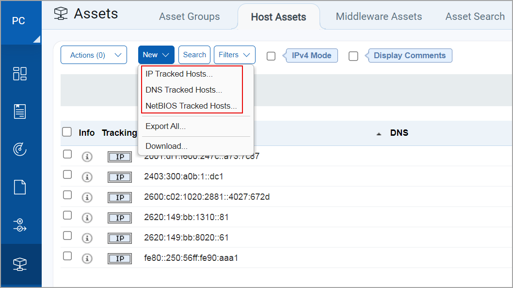 New IP, DNS or NetBIOS Tracked Hosts options on Host Assets tab