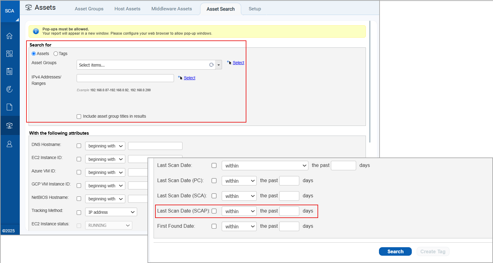 Asset Search option for finding SCA assets