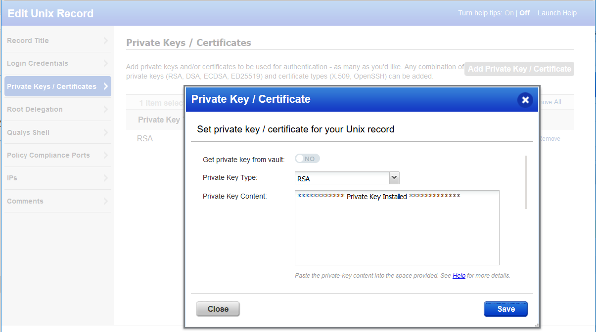Unix record with private key
