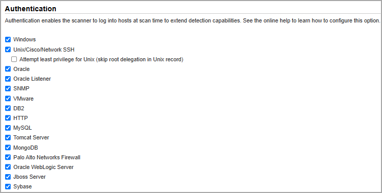 Authentication options in VM option profile