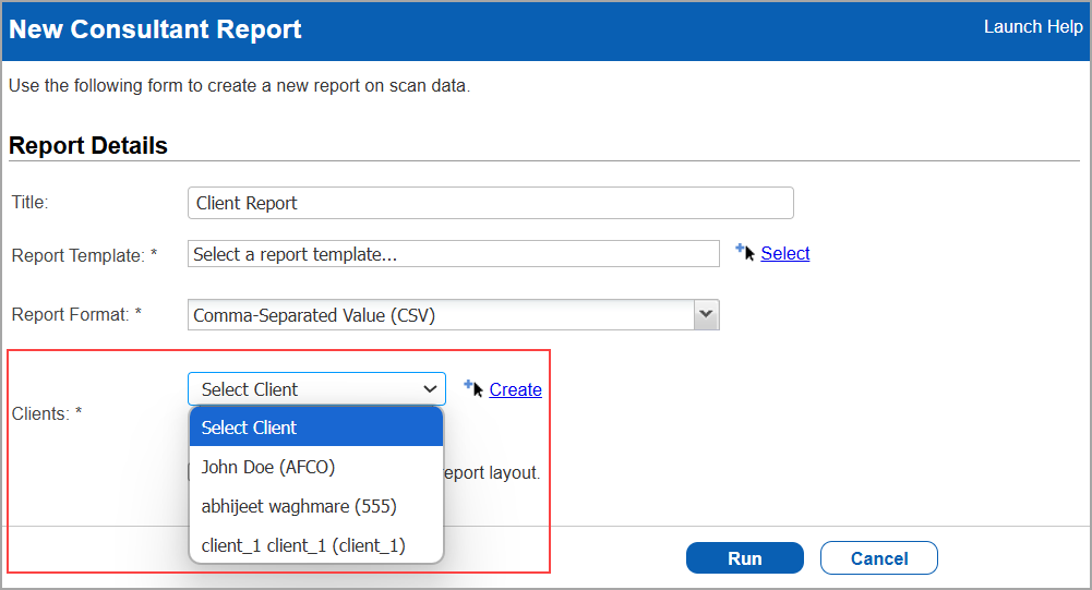 Clients option in New Consultant Report window