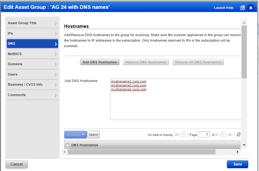 DNS section in Edit Asset Group window