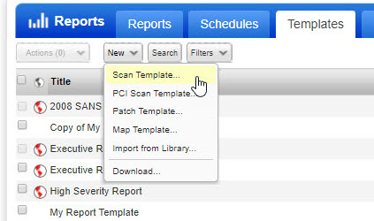 New Scan Template menu option under Templates