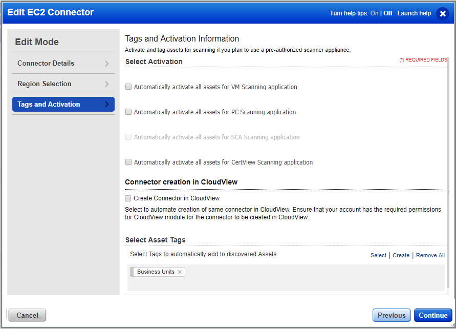 Select Activation options in Create EC2 Connector wizard.