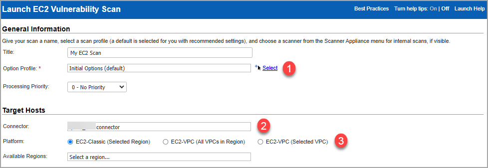 EC2 scan settings - Option Profile and Platform