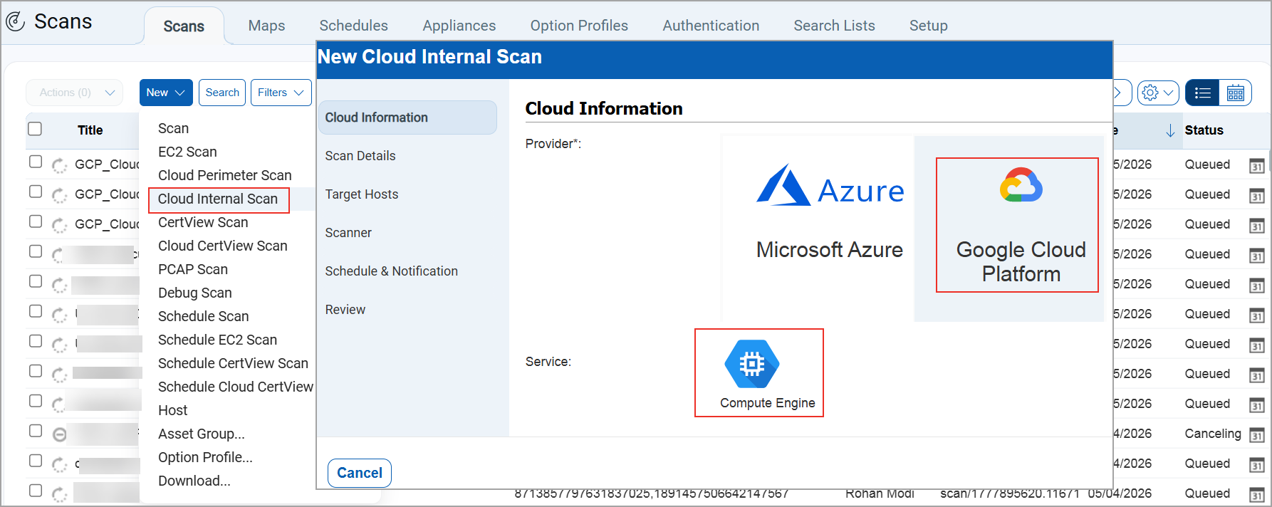 Select Cloud Internal Scan.