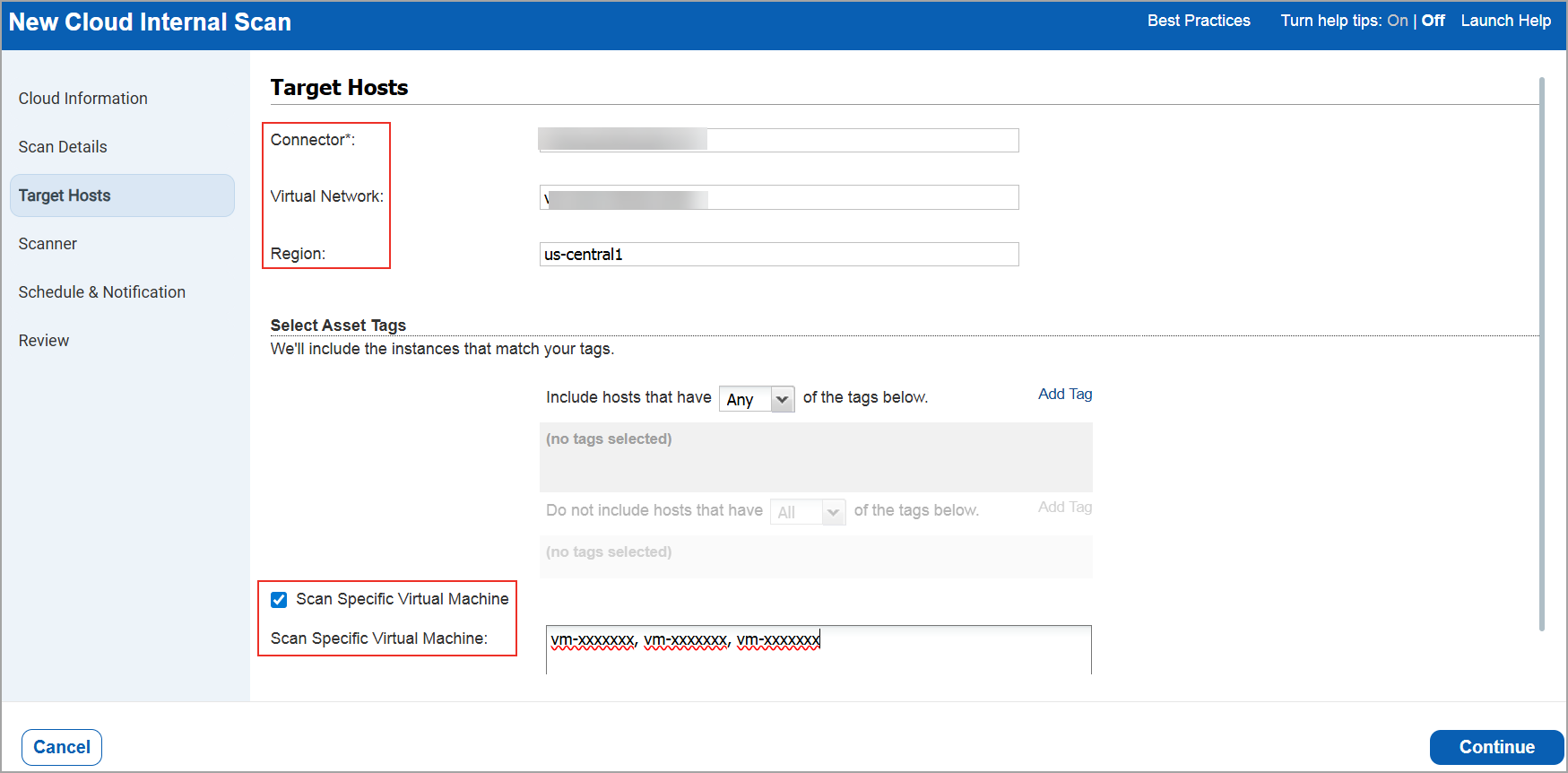 Select the details required for target hosts.